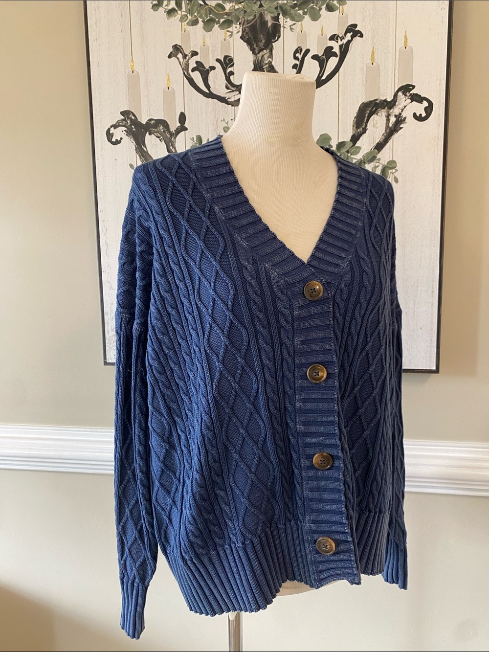 Navy Cable-Knit Button-Front Cardigan